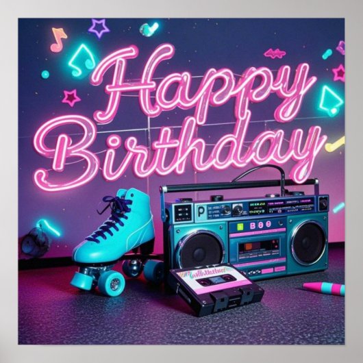 Retro Neon Happy Birthday Schild in rosa und aquam (Vorne)