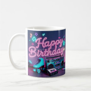 Retro Neon Happy Birthday Schild in rosa und aquam Kaffeetasse