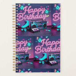 Retro Neon Happy Birthday Schild in rosa und aquam Planer