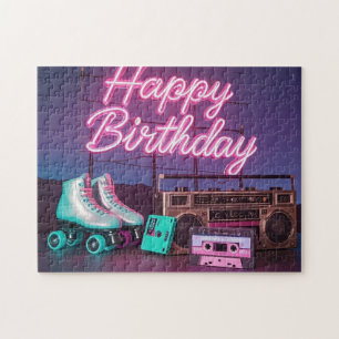 Retro Neon Happy Birthday Schild in rosa und aquam Puzzle