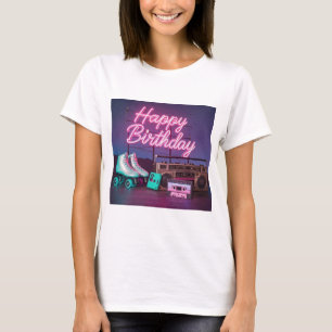 Retro Neon Happy Birthday Schild in rosa und aquam T-Shirt