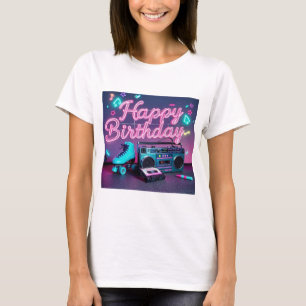 Retro Neon Happy Birthday Schild in rosa und aquam T-Shirt