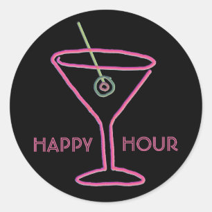 Retro-Neon-Martini-Happy-Hour-Aufkleber Runder Aufkleber