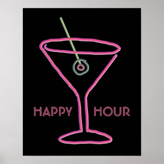 Retro Neon Martini Happy Hour Poster Print (Vorne)
