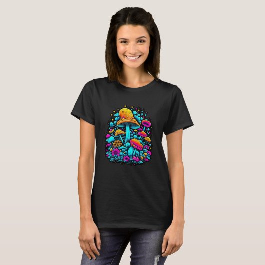 Retro-Neon-Pilze und Blume T-Shirt (Vorne ganz)
