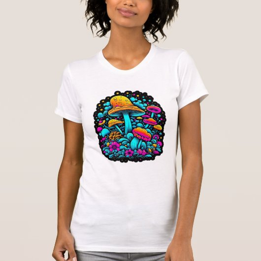 Retro-Neon-Pilze und Blume T-Shirt (Vorderseite)