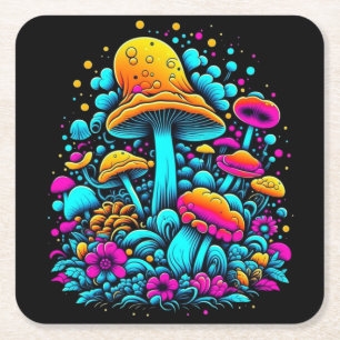 Retro-Neon-Pilze und -Blumen Ai-Kunst Rechteckiger Pappuntersetzer