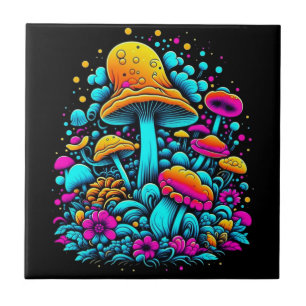 Retro-Neon-Pilze und -Blumen KI-Kunst Fliese