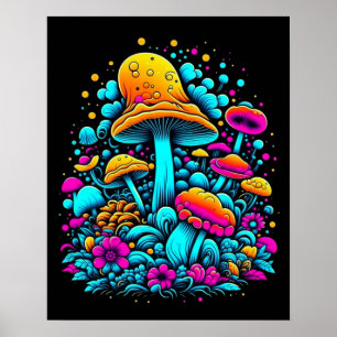 Retro-Neon-Pilze und -Blumen Poster