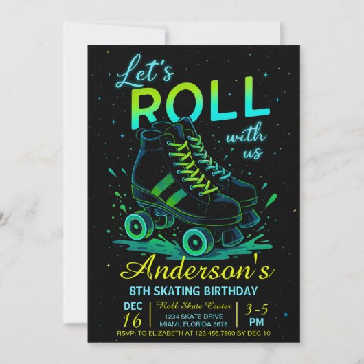 Retro-Neon-Rollschuh-Geburtstagsfeier Einladung (Vorderseite)
