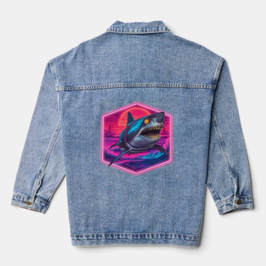 Retro Neon Shark Vaporwave Jeansjacke (Rückseite)