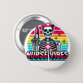 Retro Neon Skeleton Nurse - Funny Spooky Medical D Button (Vorne & Hinten)