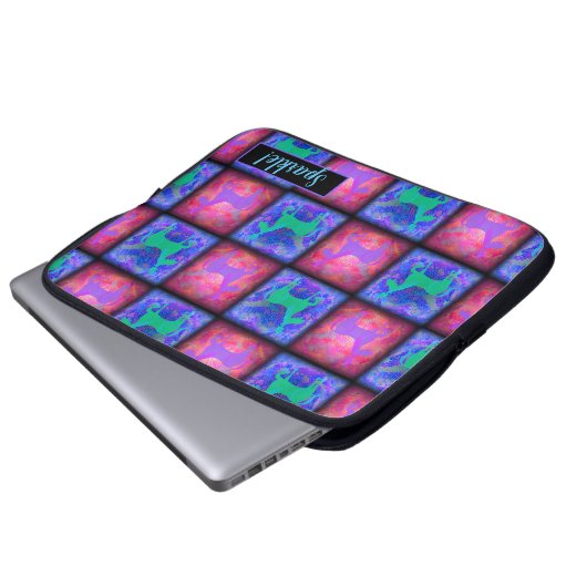 Retro Neon Unicorn Karos Musterspass Kunst, Dichtu Laptopschutzhülle (Vorne Knopf)