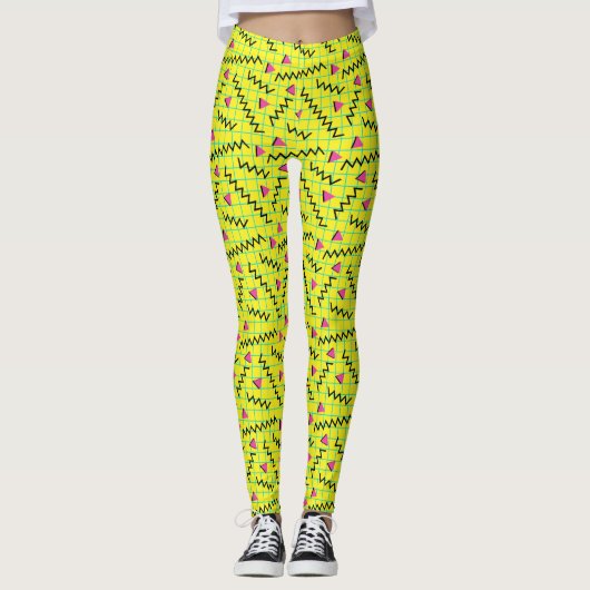 Retro Neon Yellow Doddle Pattern der 80er/90er Jah Leggings (Vorderseite)