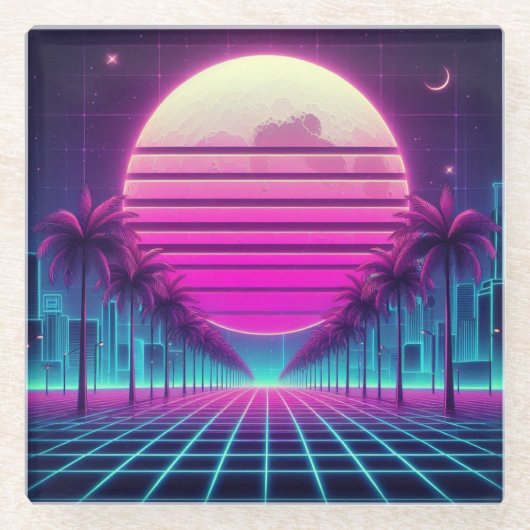 Retro, Neonmoon/Palmen im 80er Glasuntersetzer (Vorderseite)