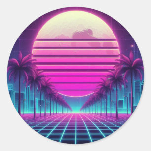 Retro, Neonmoon/Palmen im 80er Runder Aufkleber