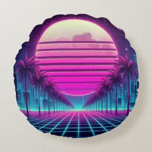 Retro, Neonmoon/Palmen im 80er Rundes Kissen