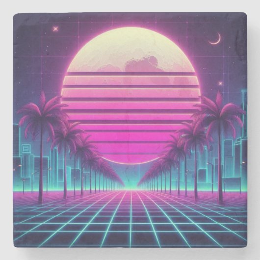 Retro, Neonmoon/Palmen im 80er Steinuntersetzer (Vorderseite)