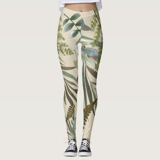 Retro-Neutral-Sage Floral Fern botanische Foliage Leggings (Vorderseite)
