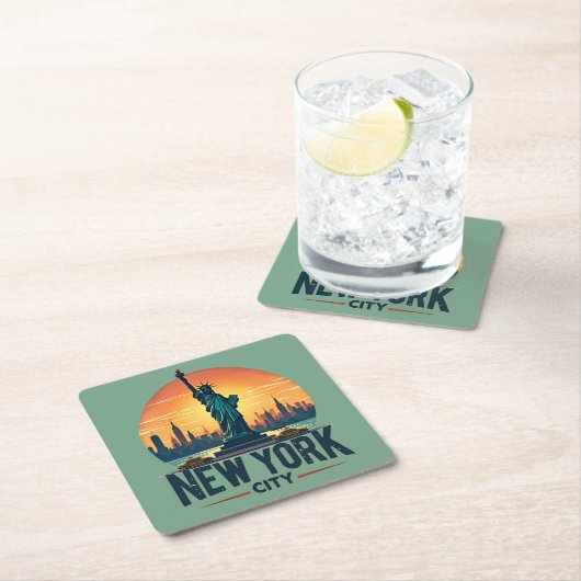 Retro New York City Skyline mit Freiheitsstatue Rechteckiger Pappuntersetzer (Vor Ort)