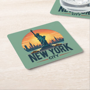 Retro New York City Skyline mit Freiheitsstatue Rechteckiger Pappuntersetzer