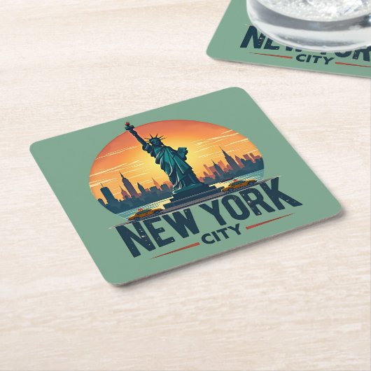 Retro New York City Skyline mit Freiheitsstatue Rechteckiger Pappuntersetzer (angewinkelt)