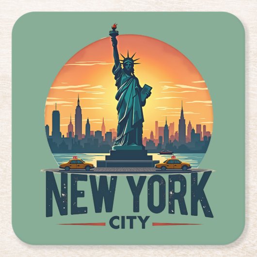 Retro New York City Skyline mit Freiheitsstatue Rechteckiger Pappuntersetzer (Vorderseite)