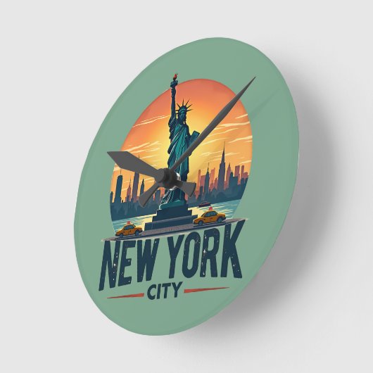 Retro New York City Skyline mit Freiheitsstatue Runde Wanduhr (Winkel)