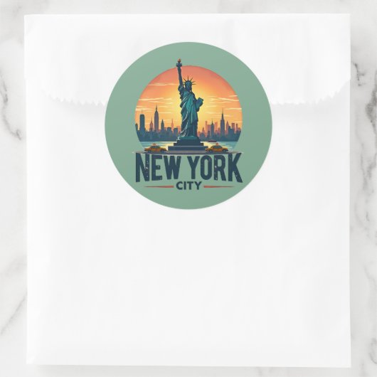 Retro New York City Skyline mit Freiheitsstatue Runder Aufkleber (Tasche)