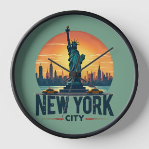 Retro New York City Skyline mit Freiheitsstatue Uhr