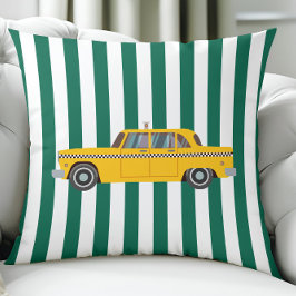 Retro New York City Taxi Cab, Car on Green Stripes Kissen