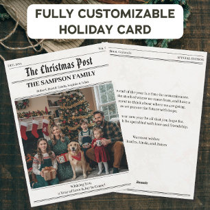 Retro Newspaper Family Christmas Foto Newsletter Feiertagskarte