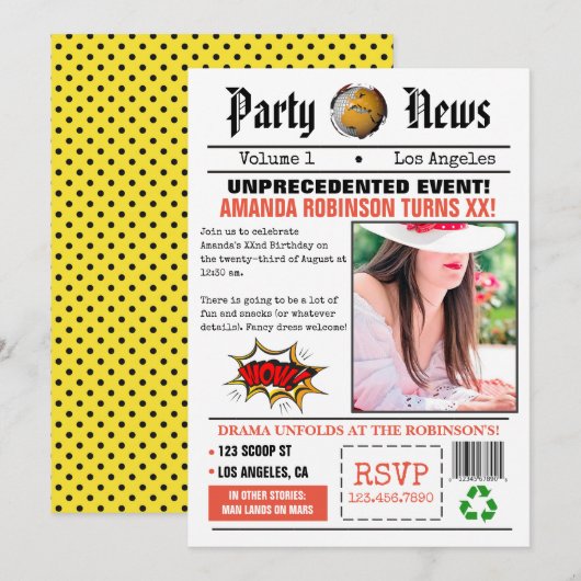 Retro Newspapier Geburtstagsparty Einladung (Vorne/Hinten)