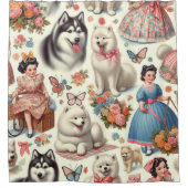 Retro Niedlich American Eskimo Nahtlos Duschvorhang (Vorderseite)
