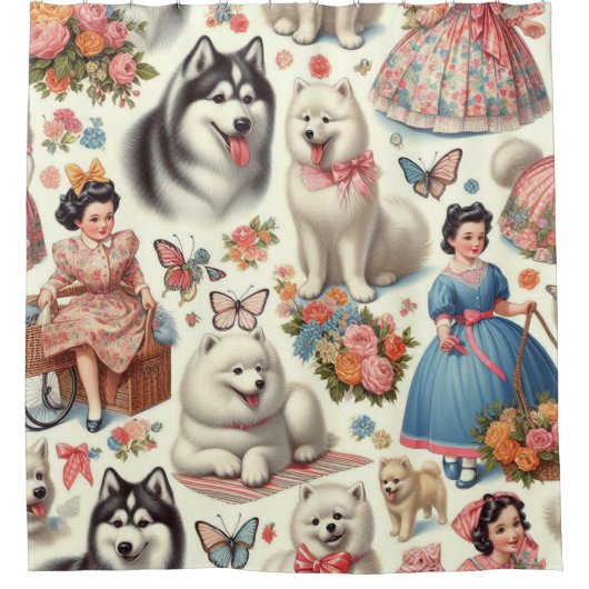 Retro Niedlich American Eskimo Nahtlos Duschvorhang (Vorderseite)