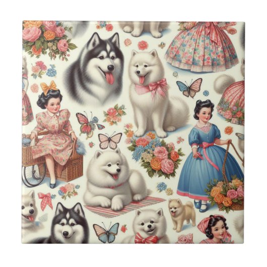 Retro Niedlich American Eskimo Nahtlos Fliese (Vorderseite)