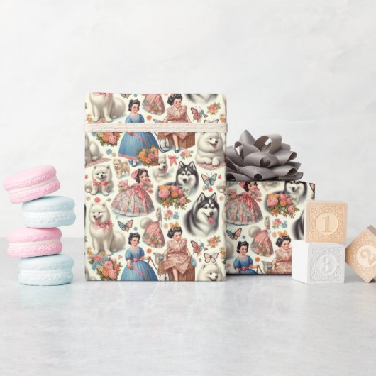 Retro Niedlich American Eskimo Nahtlos Geschenkpapier (Babyparty)