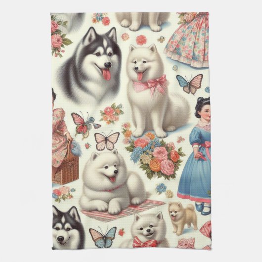Retro Niedlich American Eskimo Nahtlos Geschirrtuch (Vertikal)