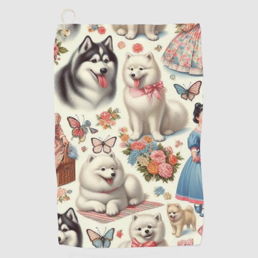 Retro Niedlich American Eskimo Nahtlos Golfhandtuch (Vorderseite)