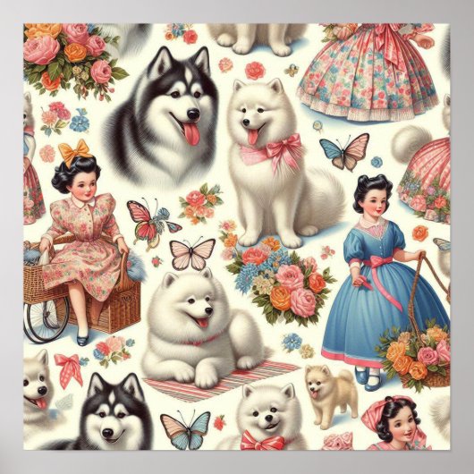 Retro Niedlich American Eskimo Nahtlos Poster (Vorne)