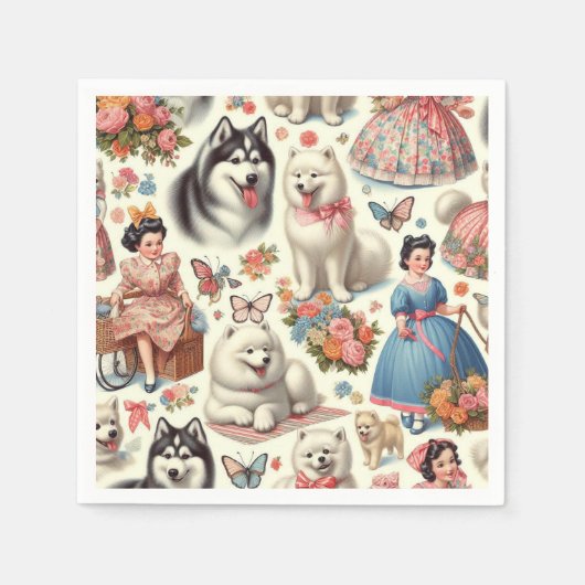 Retro Niedlich American Eskimo Nahtlos Serviette (Vorderseite)