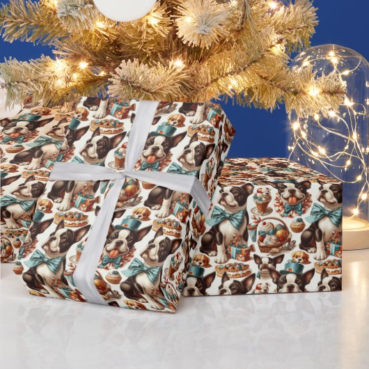Retro Niedlich Boston Terrier Illustration Geschenkpapier (Feiertage)