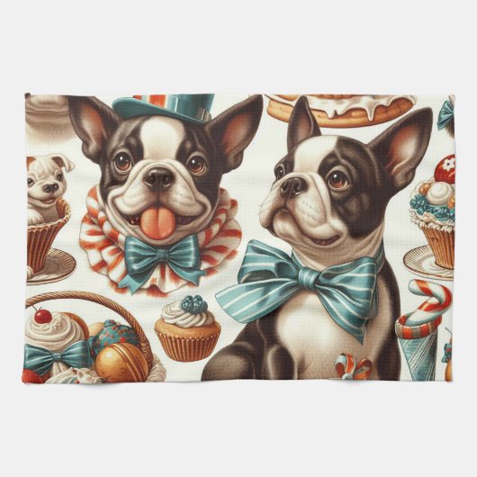 Retro Niedlich Boston Terrier Illustration Geschirrtuch (Horizontal)