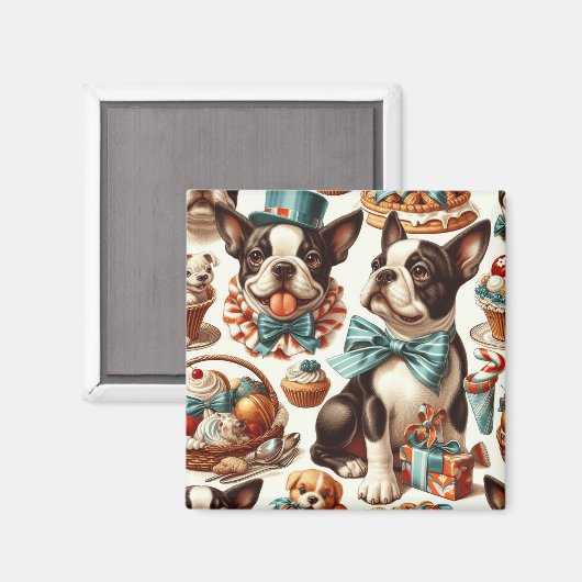 Retro Niedlich Boston Terrier Illustration Magnet (Vorderseite/Rückseite)