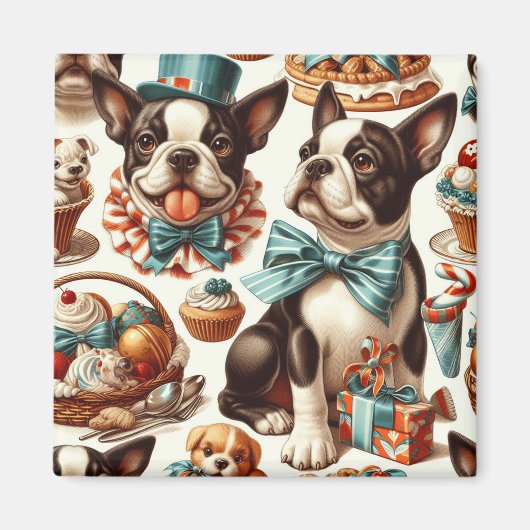 Retro Niedlich Boston Terrier Illustration Magnet (Vorne)