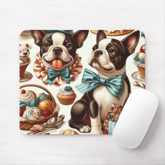 Retro Niedlich Boston Terrier Illustration Mousepad (Mit Mouse)