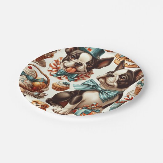 Retro Niedlich Boston Terrier Illustration Pappteller (Schrägansicht)