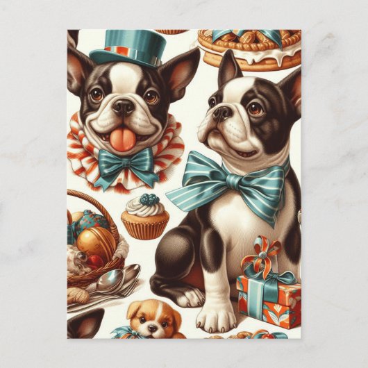 Retro Niedlich Boston Terrier Illustration Postkarte (Vorderseite)