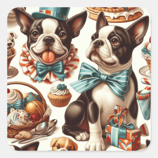 Retro Niedlich Boston Terrier Illustration Quadratischer Aufkleber (Vorderseite)