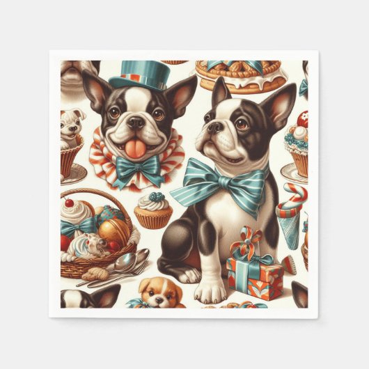 Retro Niedlich Boston Terrier Illustration Serviette (Vorderseite)